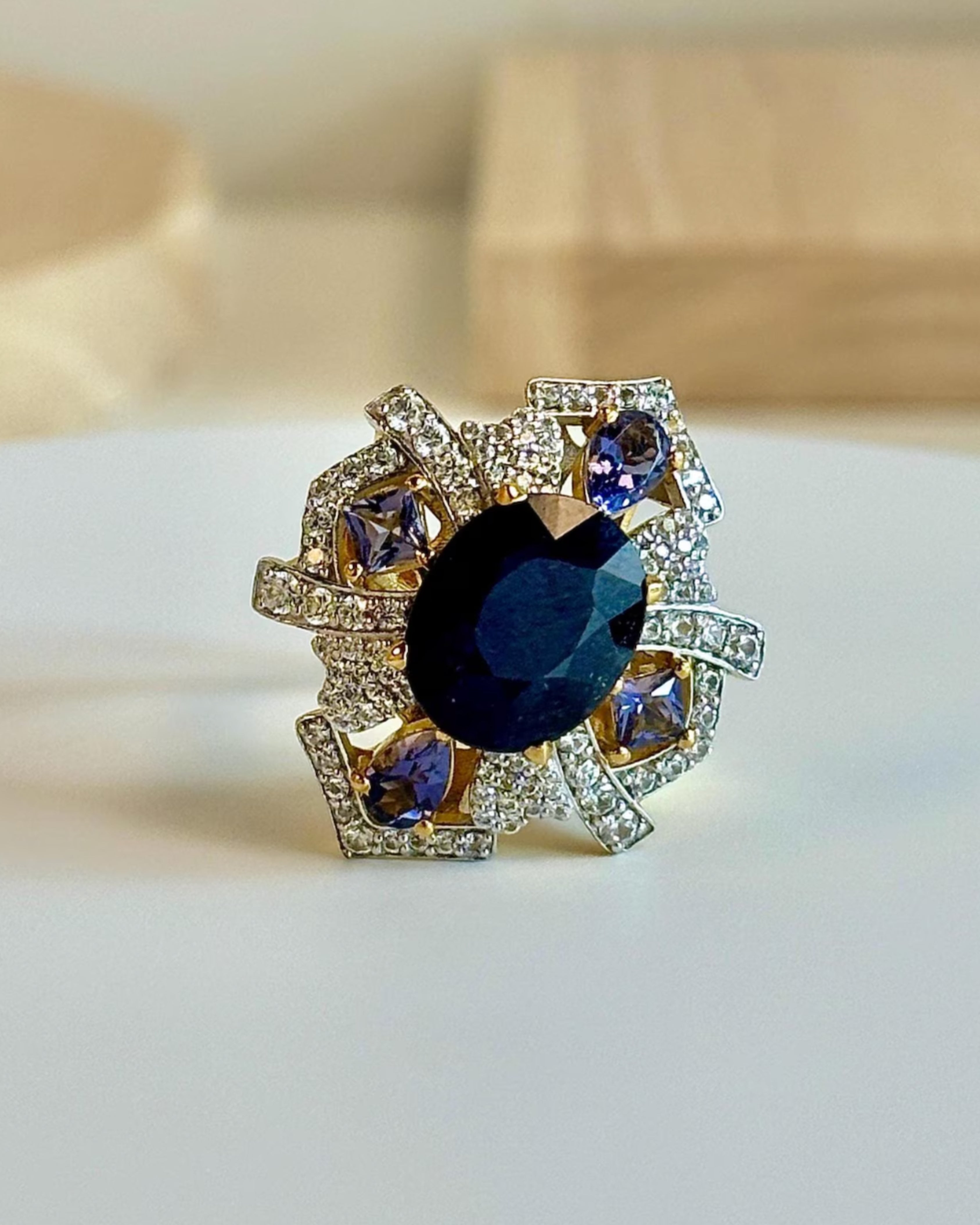 Art Deco Sapphire & Iolite Gold Plated Ring