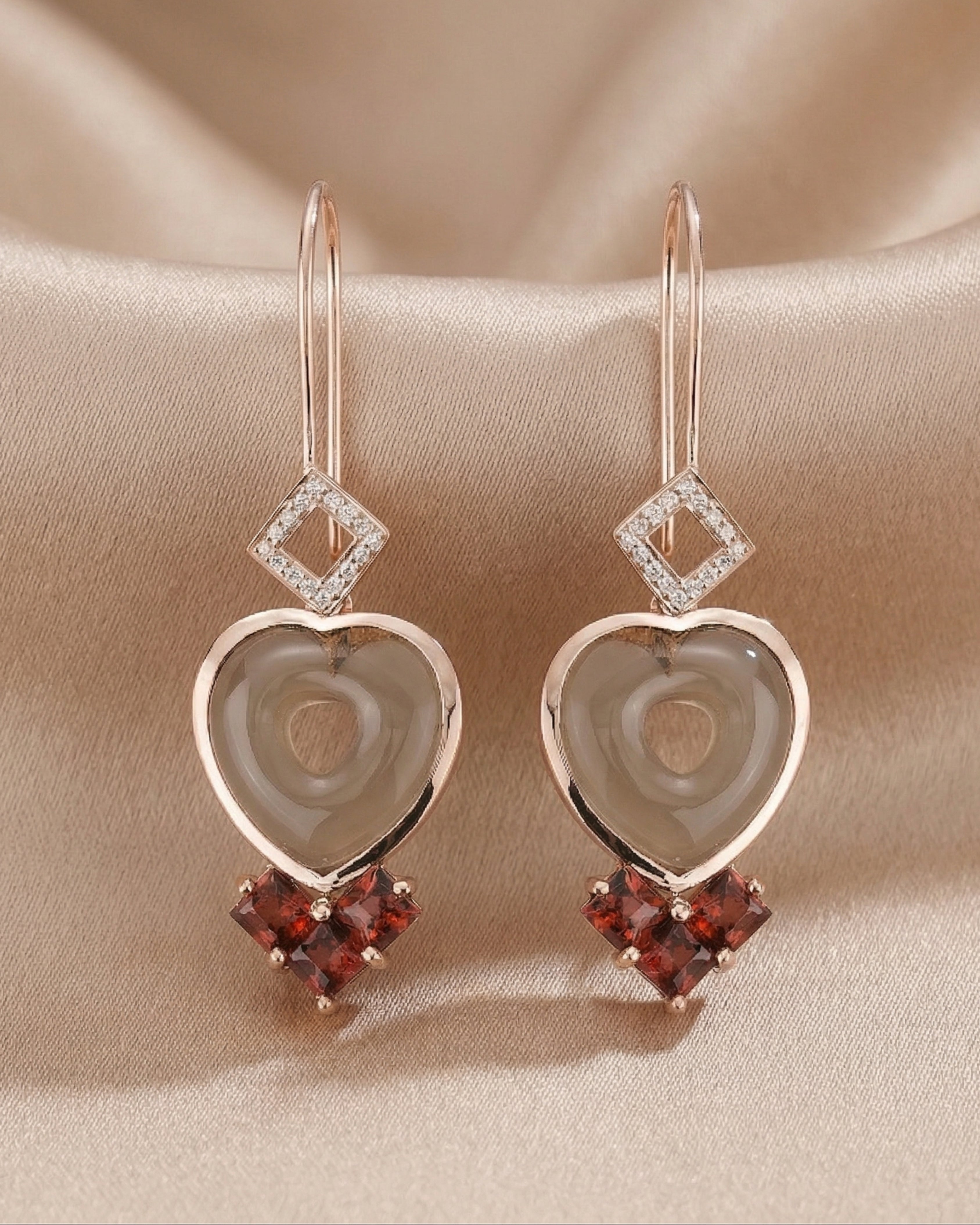 Smoky Quartz Heart & Garnet Rose Gold Plated Drops