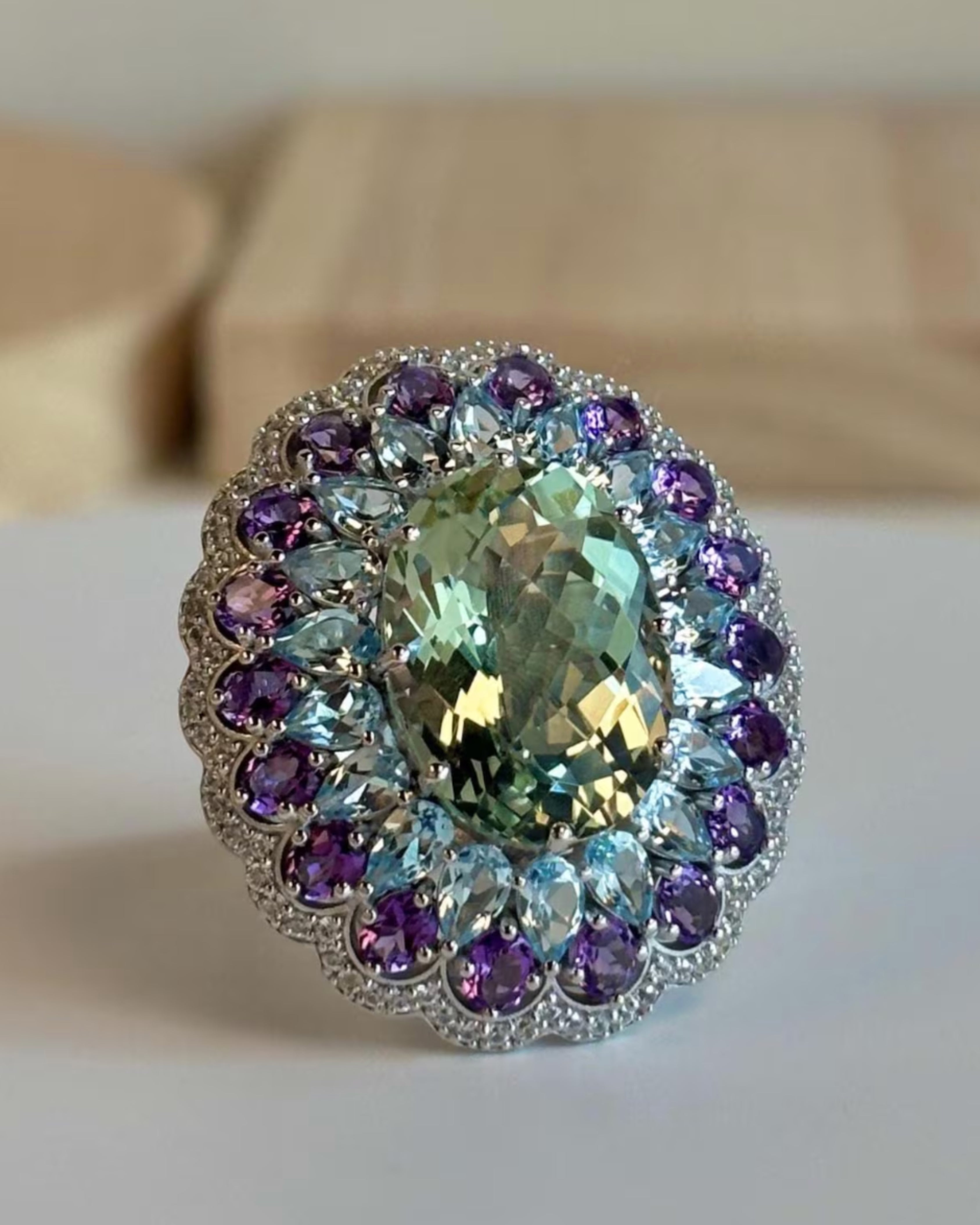 Green Amethyst & Sky Blue Topaz Silver Ring