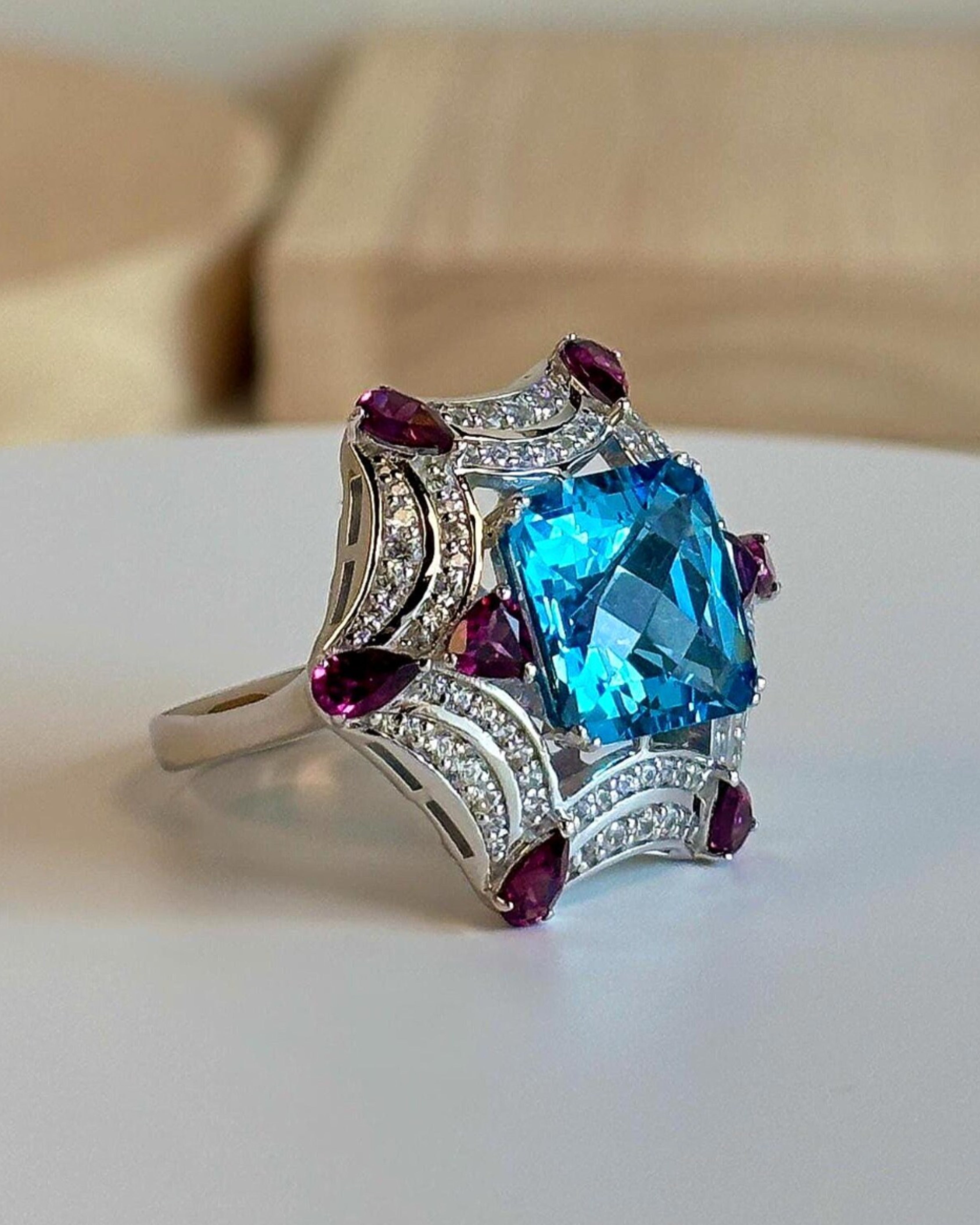 Swiss Blue Topaz & Rhodolite Silver Ring