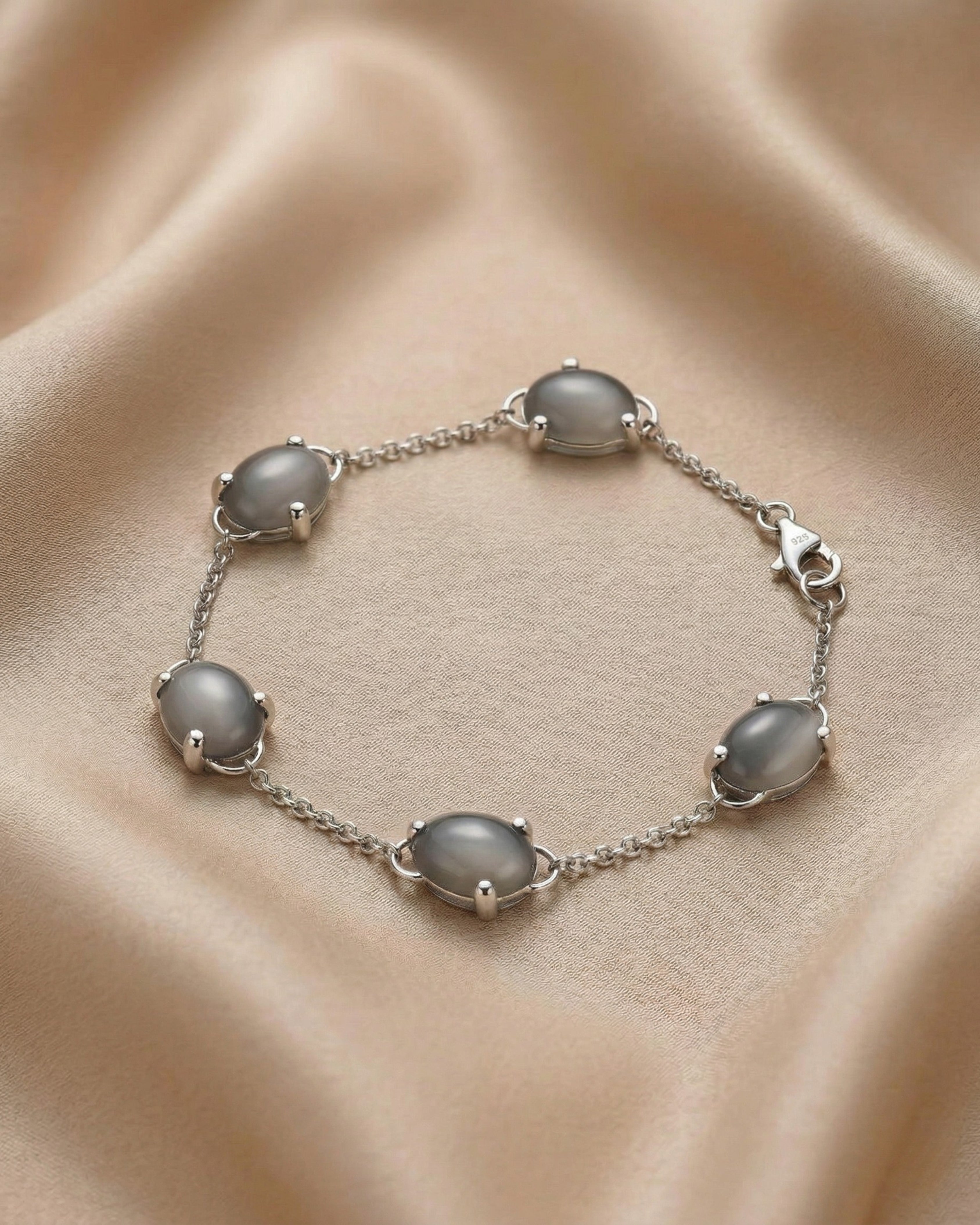 Smoky Gray Moonstone Silver Station Bracelet