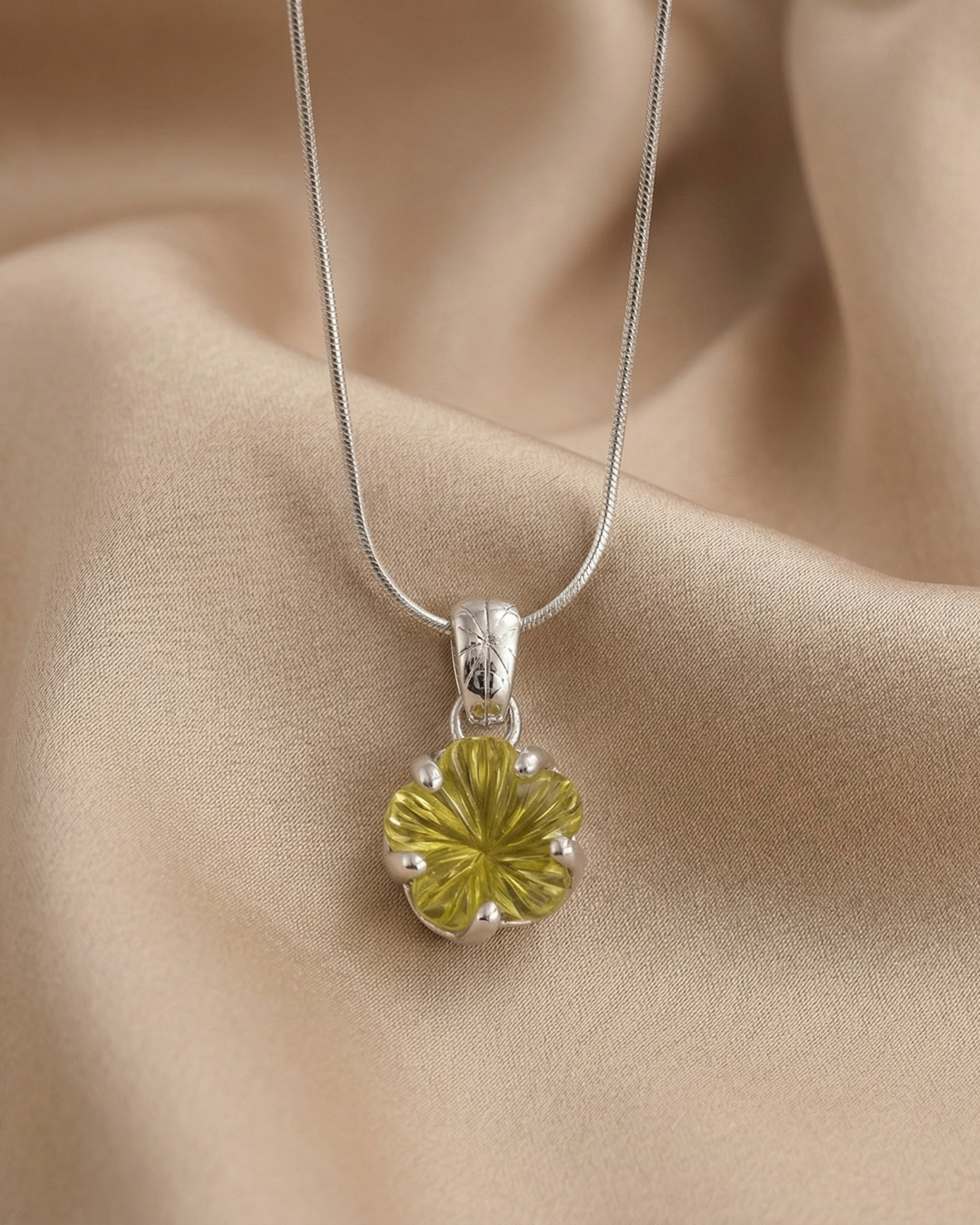 Sculptural Lemon Quartz Flower Silver Necklace