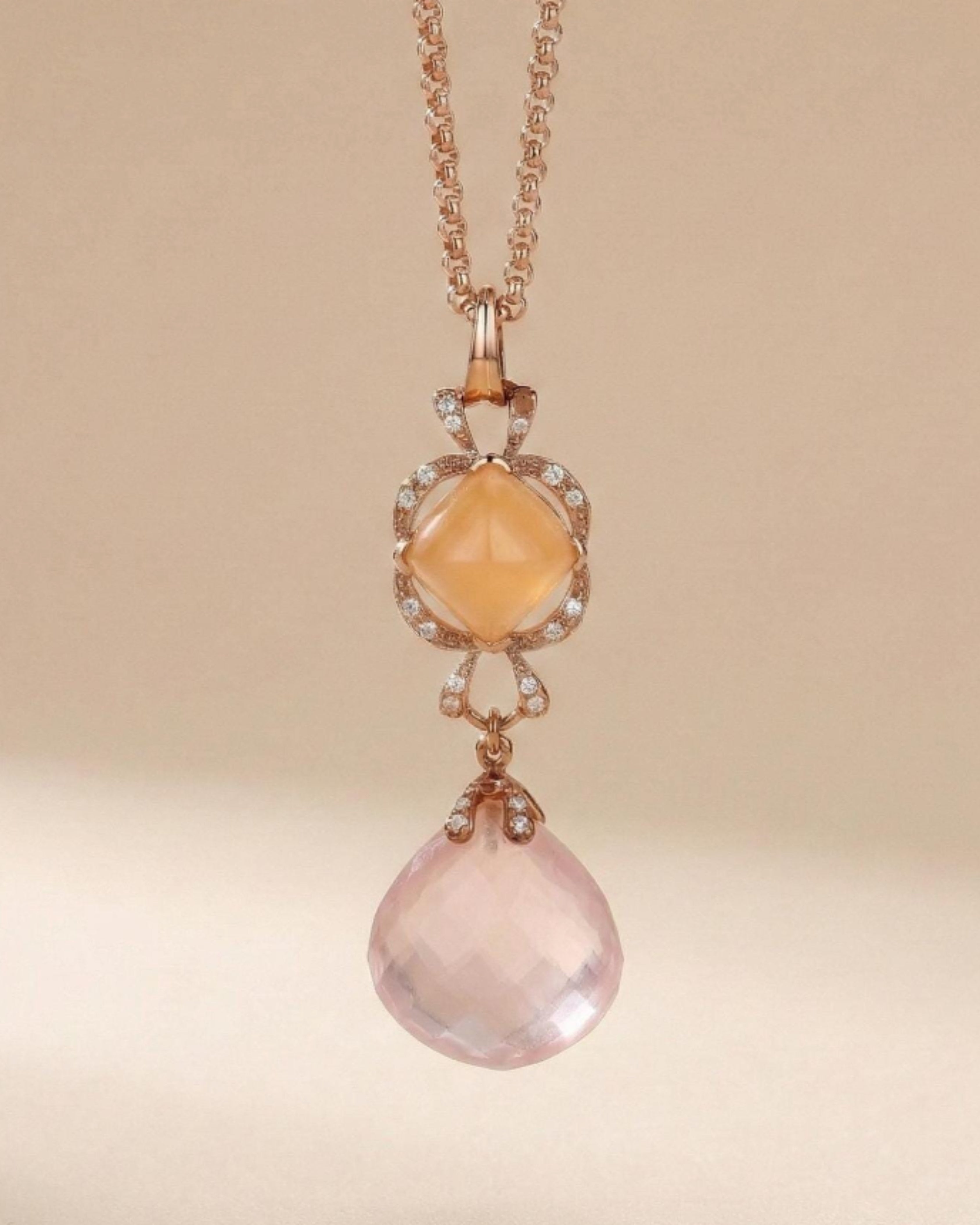 Vintage Rose Quartz & Diamond Drop Necklace