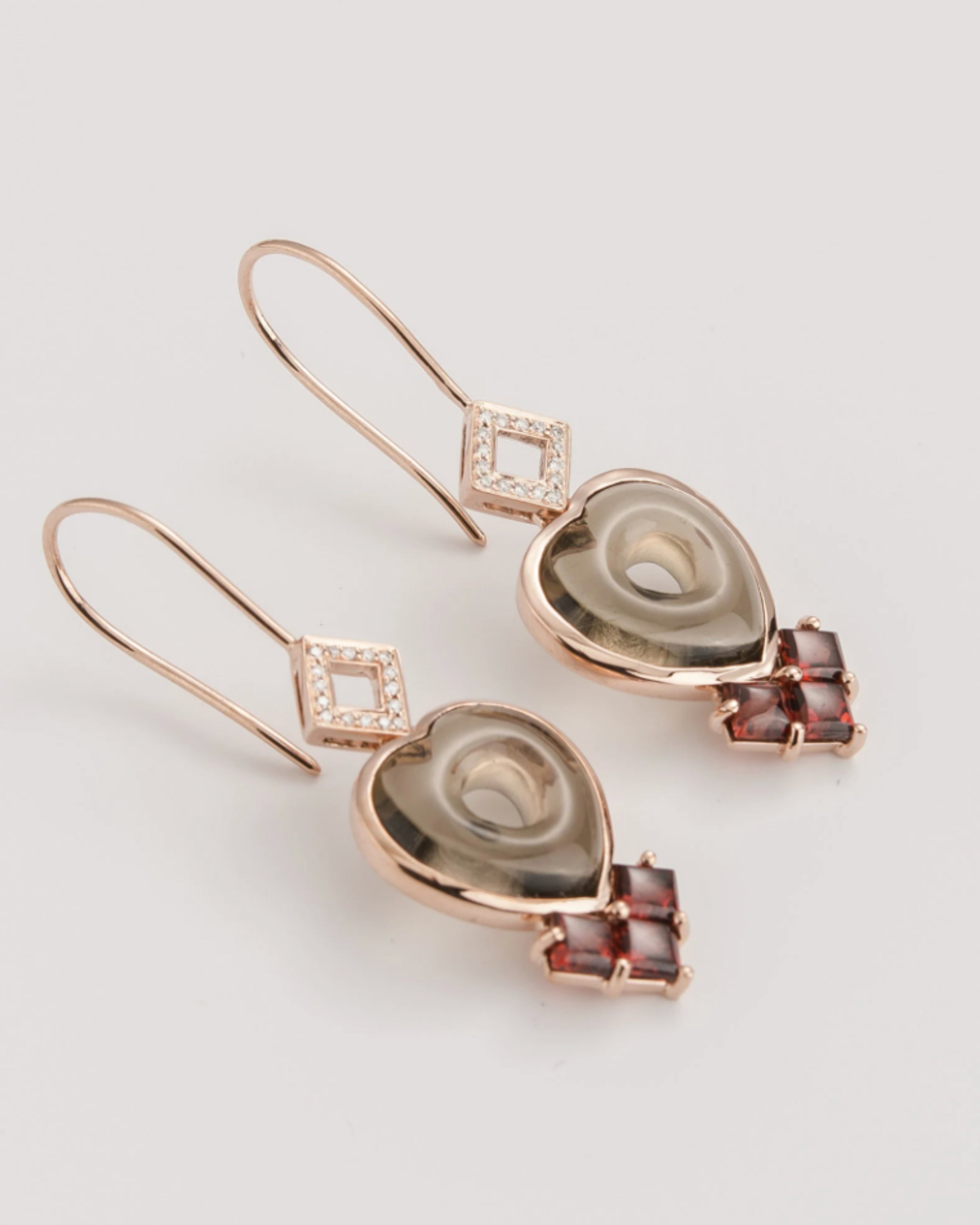Smoky Quartz Heart & Garnet Rose Gold Plated Drops