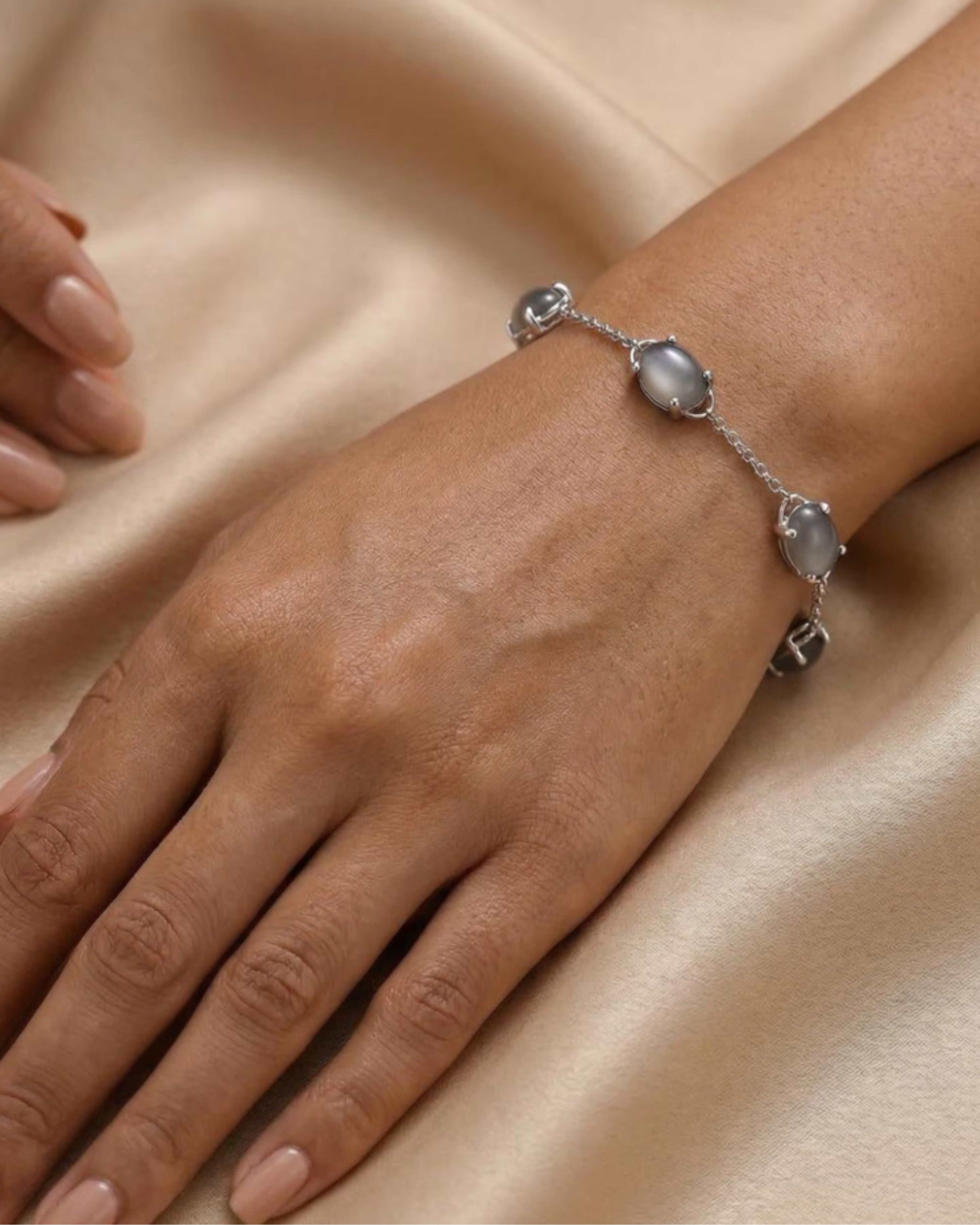Smoky Gray Moonstone Silver Station Bracelet