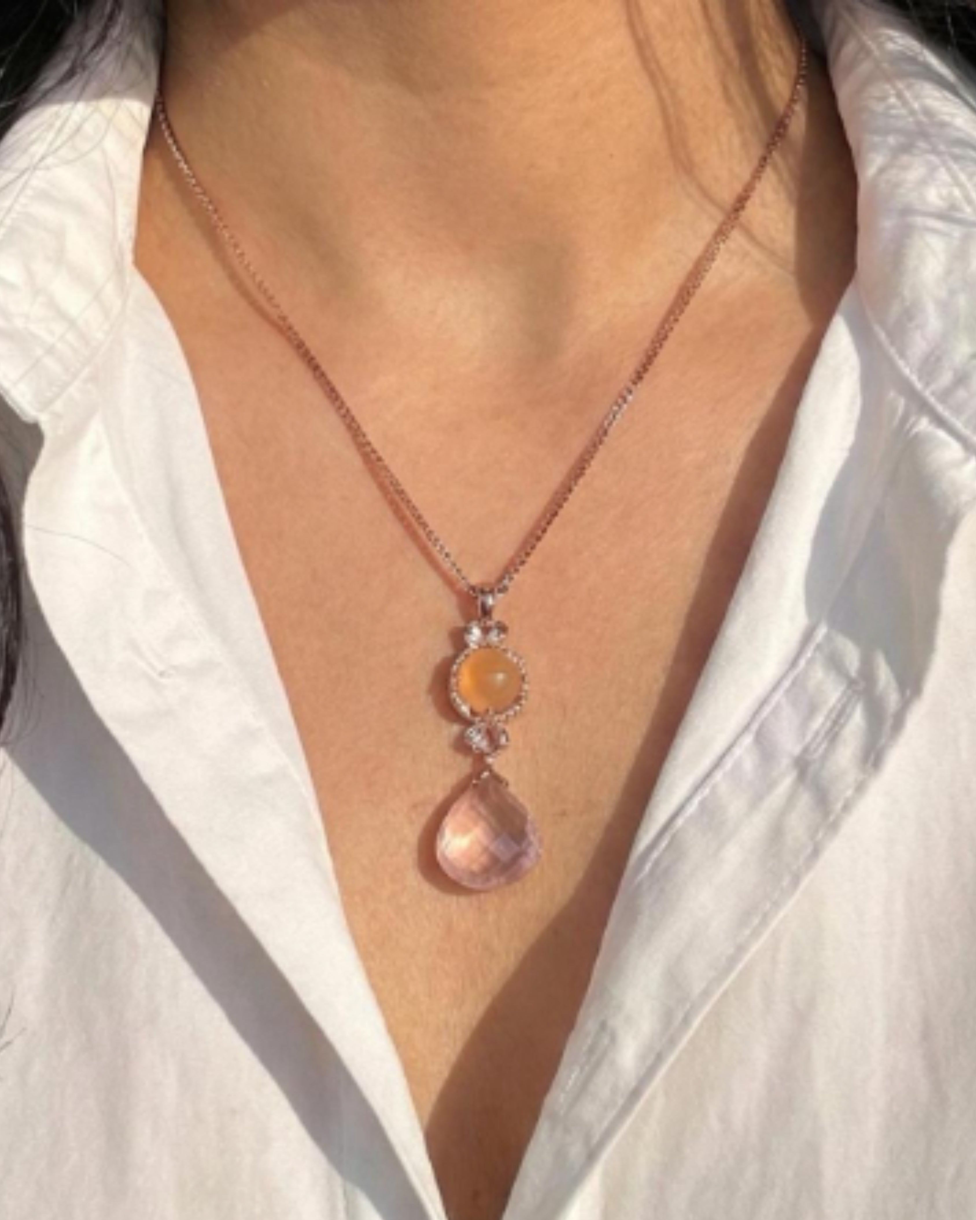 Vintage Rose Quartz & Diamond Drop Necklace