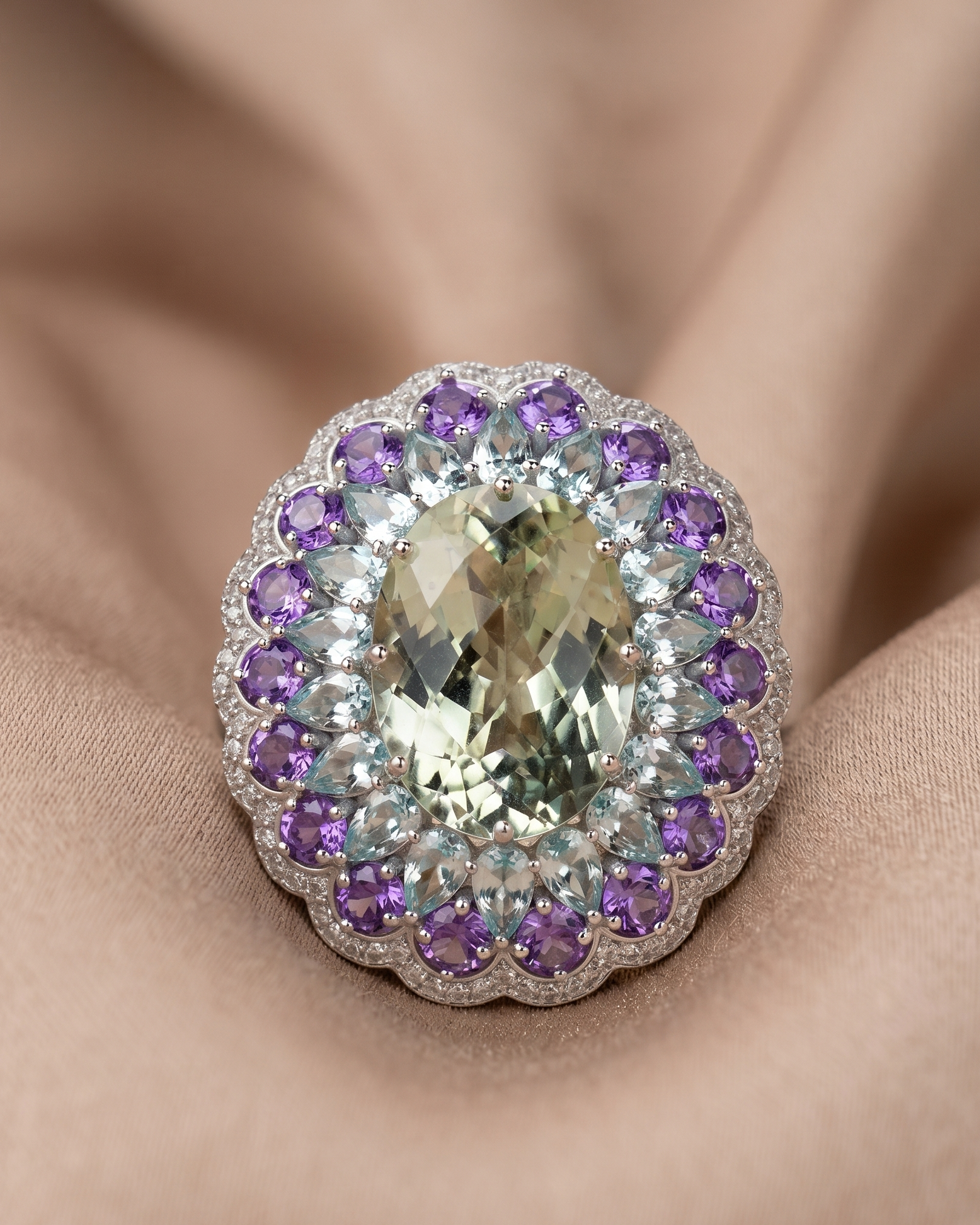 Green Amethyst & Sky Blue Topaz Silver Ring