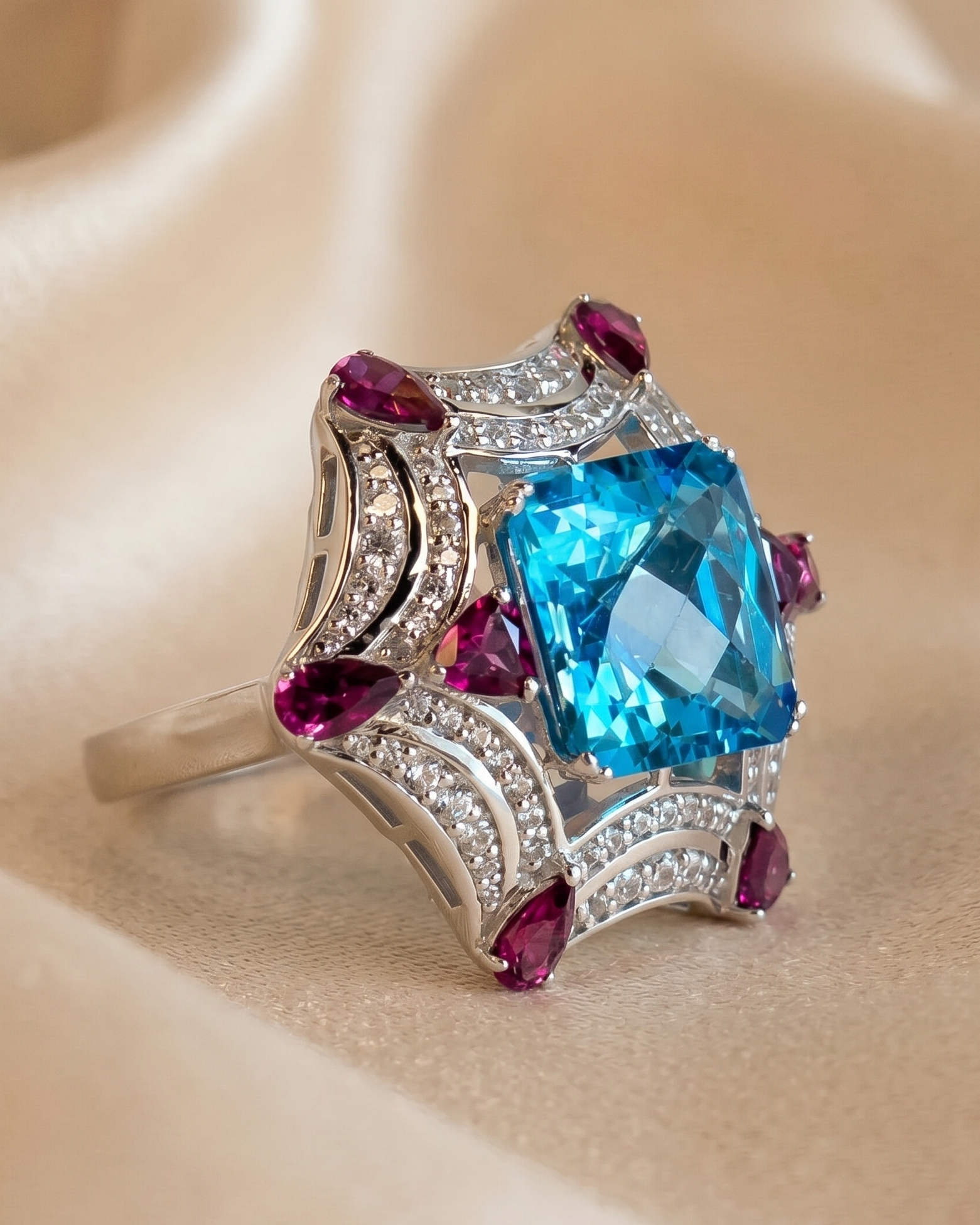 Swiss Blue Topaz & Rhodolite Silver Ring