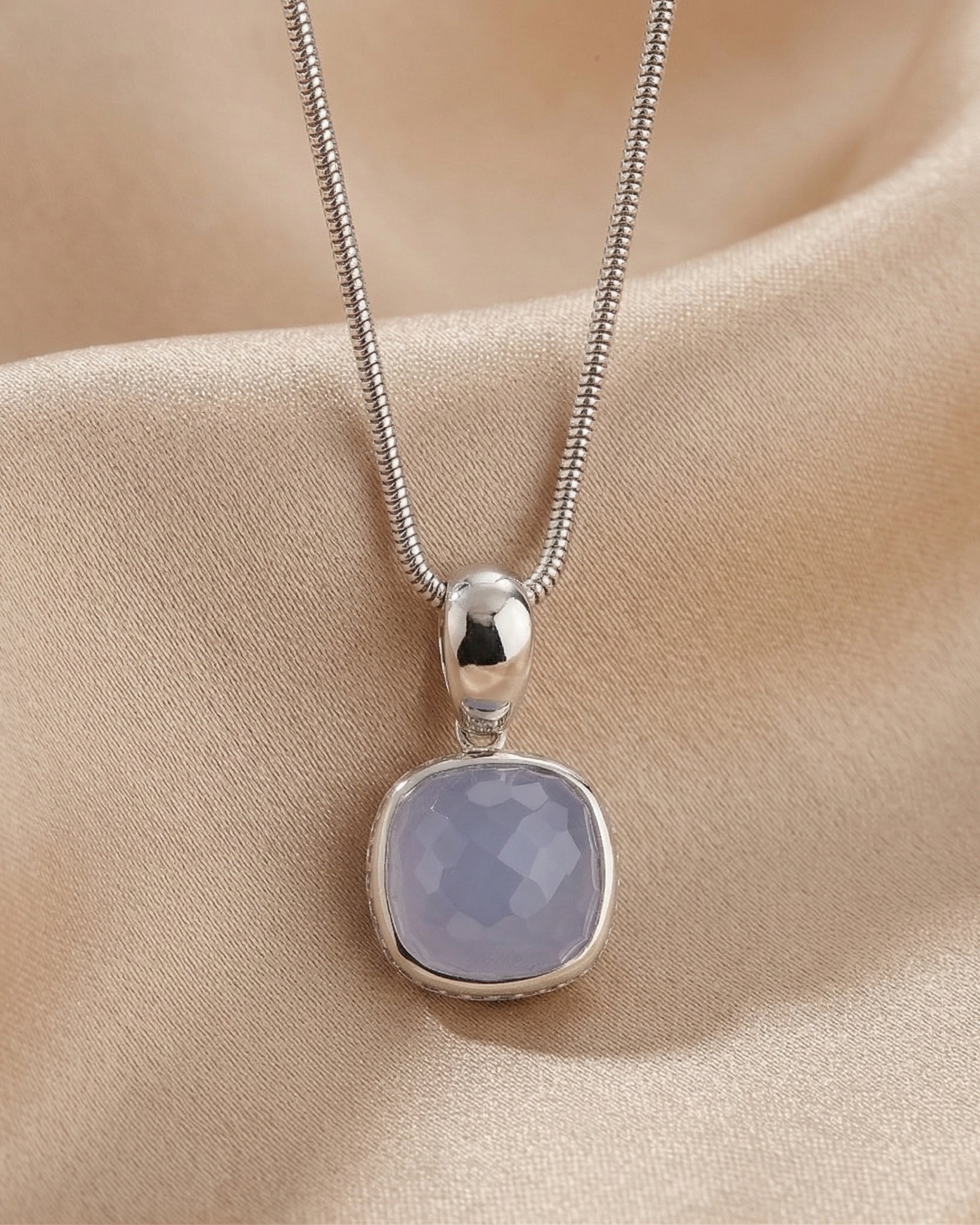 Blue Chalcedony & Topaz Halo Silver Necklace
