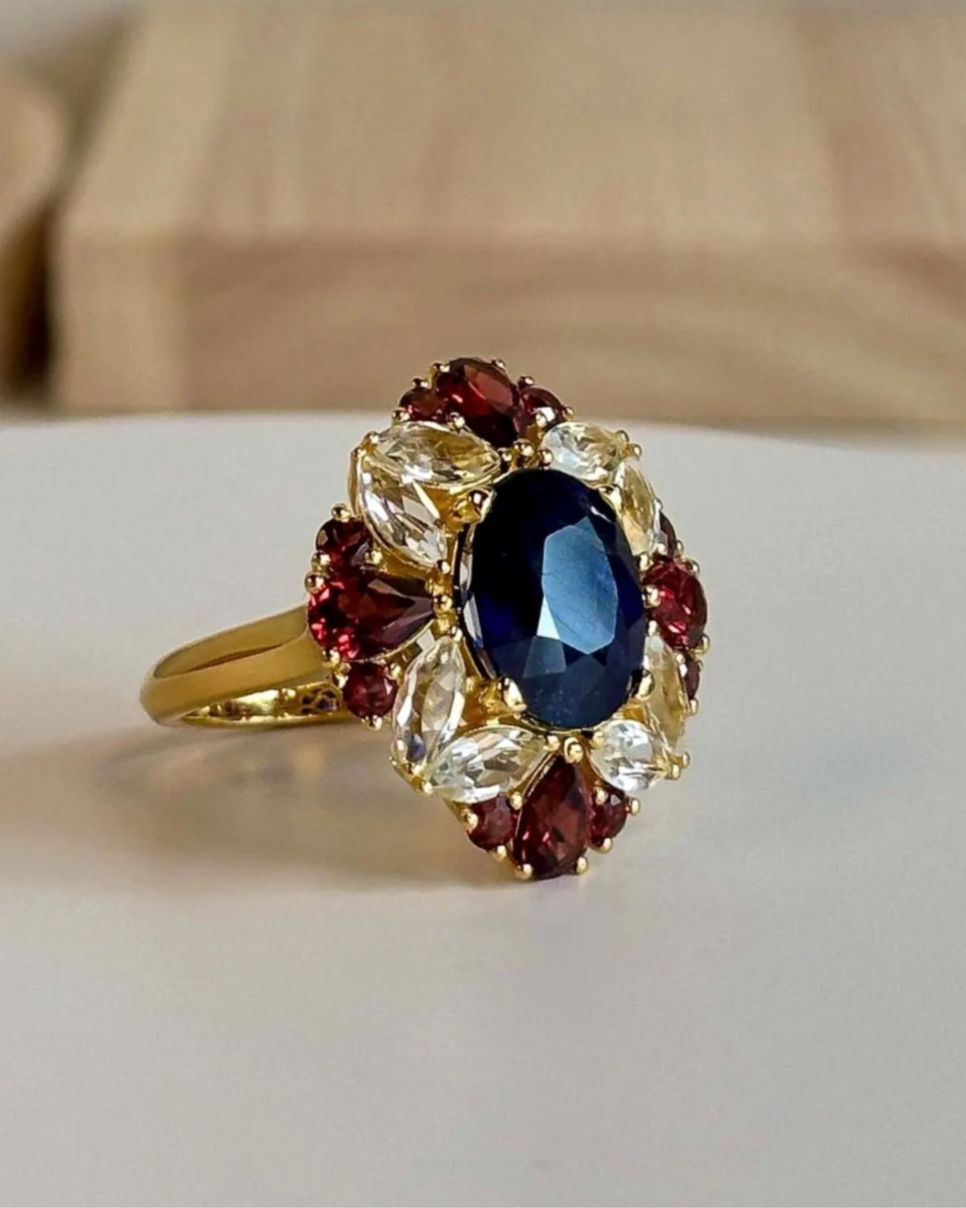Vintage Sapphire & White Topaz Gold Plated Ring