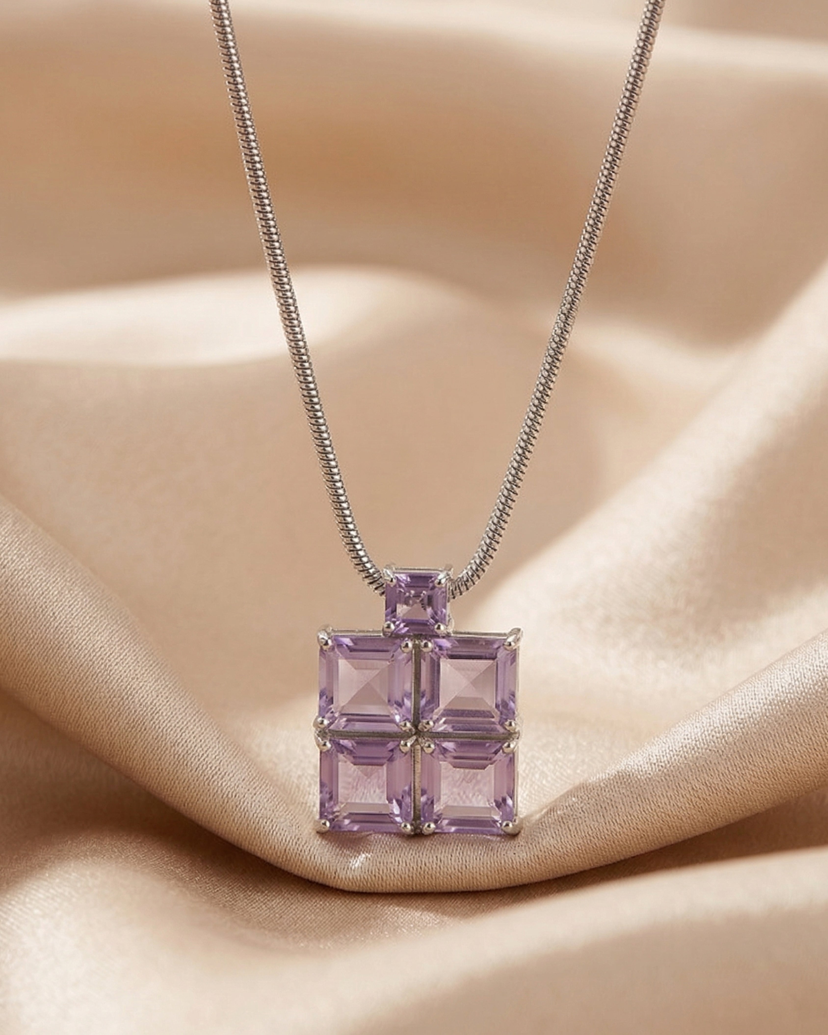 Geometric Octagon Amethyst Silver Necklace