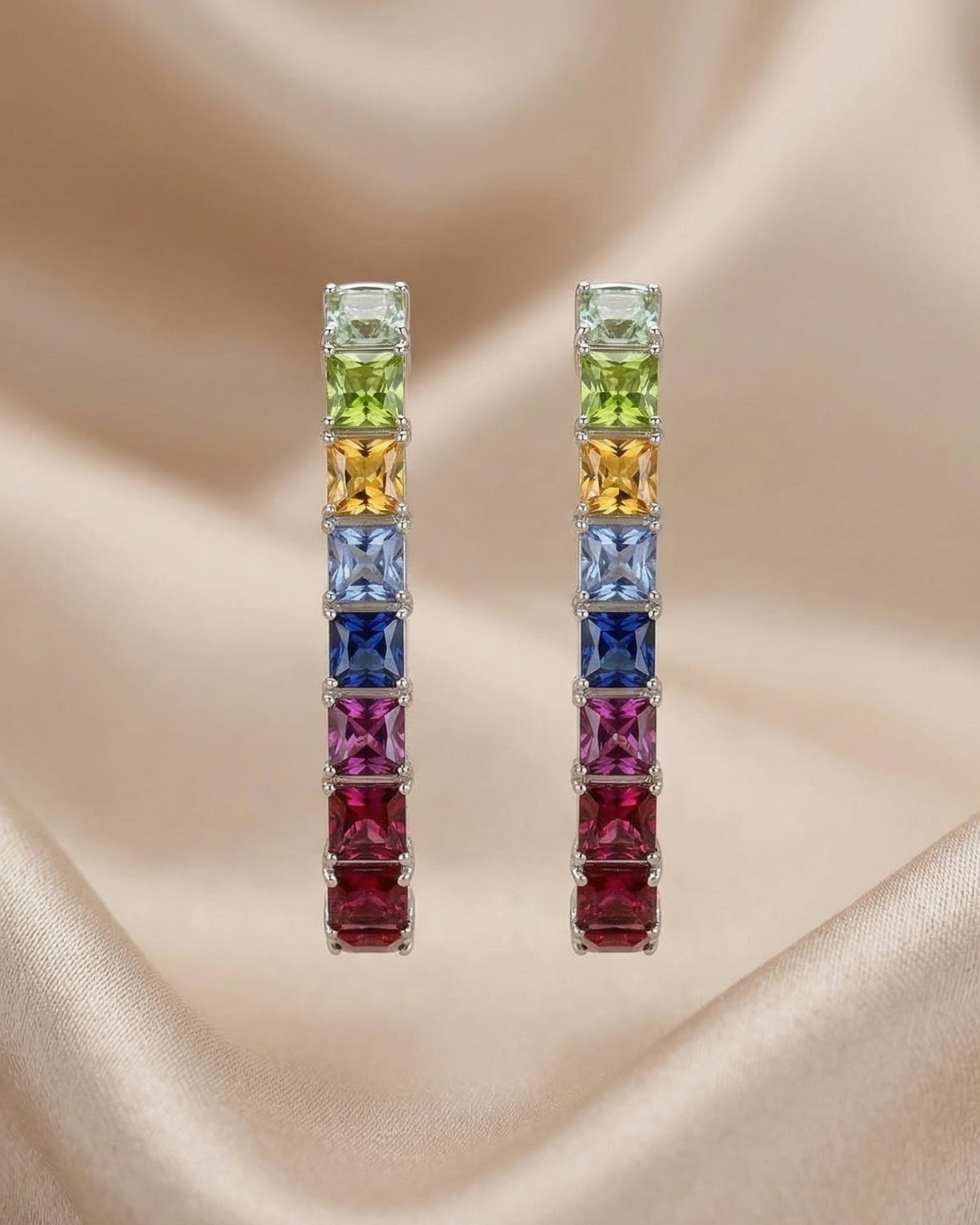 Rainbow Multi-Gemstone Silver Eternity Hoops