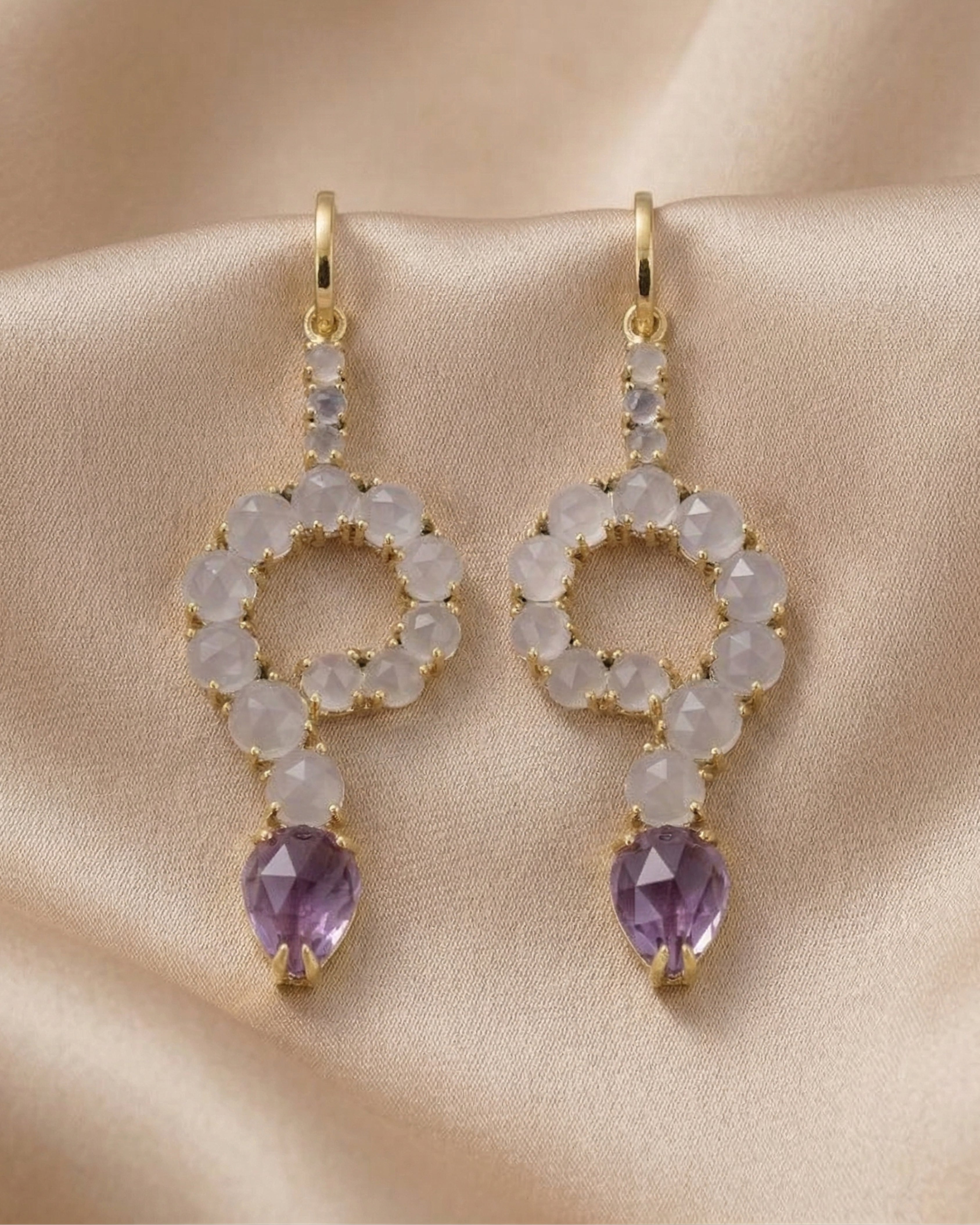 White Chalcedony & Amethyst Gold Plated Hoops