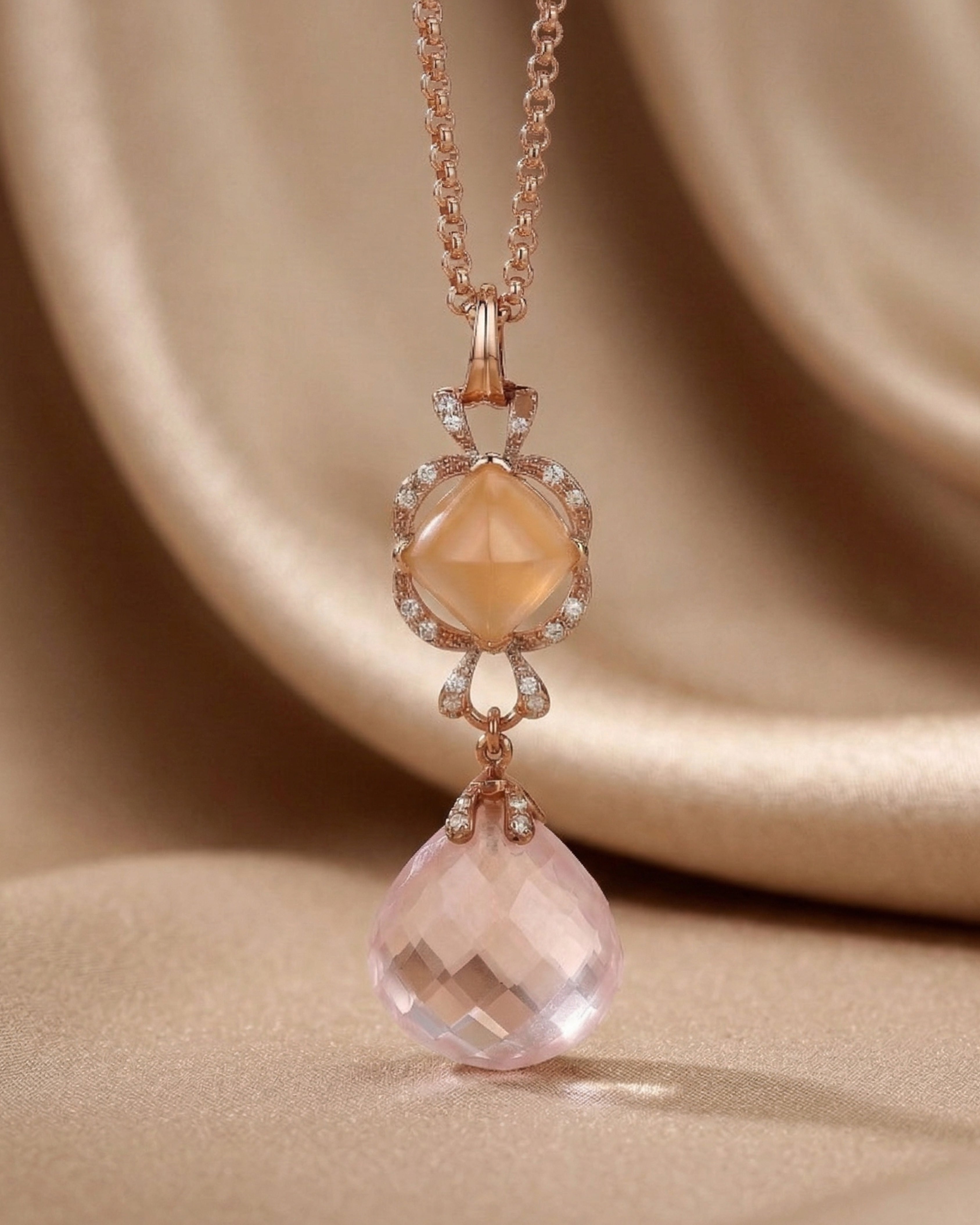 Vintage Rose Quartz & Diamond Drop Necklace