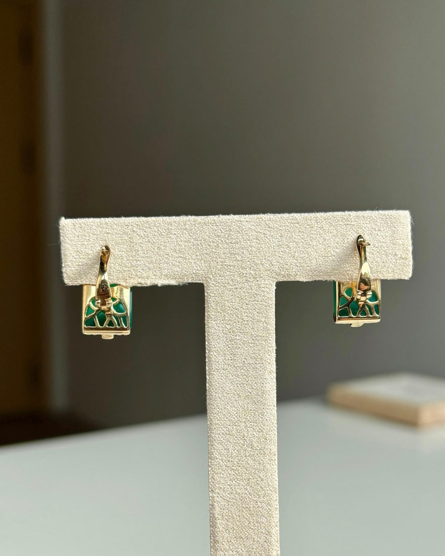 Art Deco Green Agate & Onyx Gold Plated Earrings