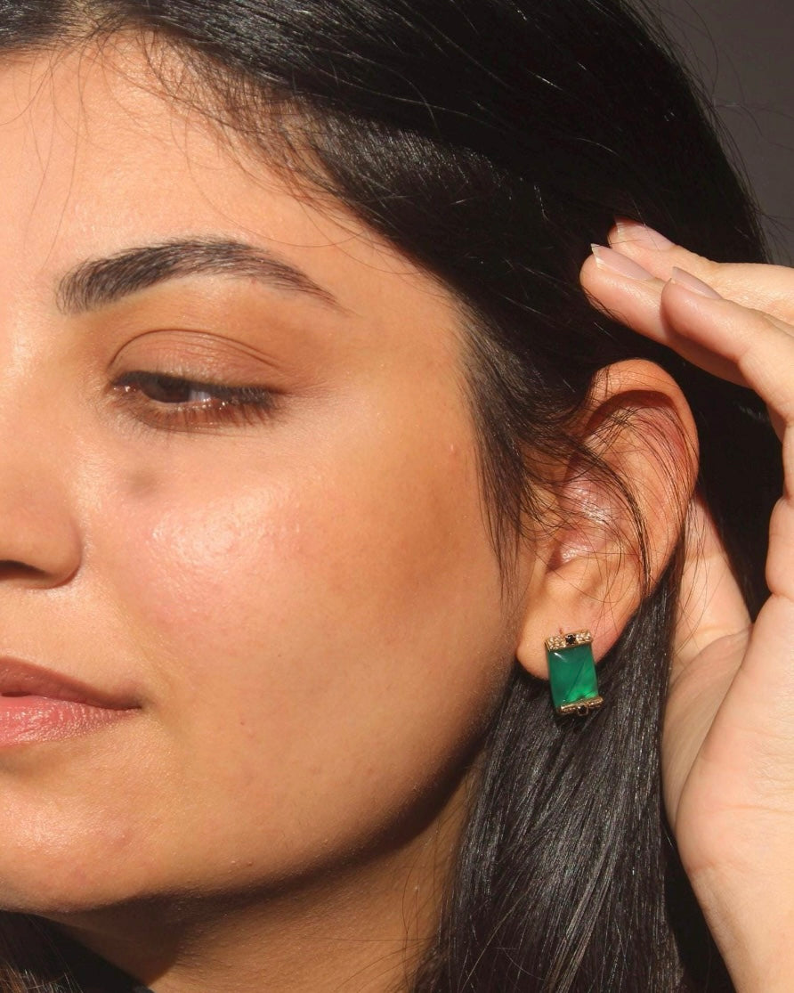 Art Deco Green Agate & Onyx Gold Plated Earrings