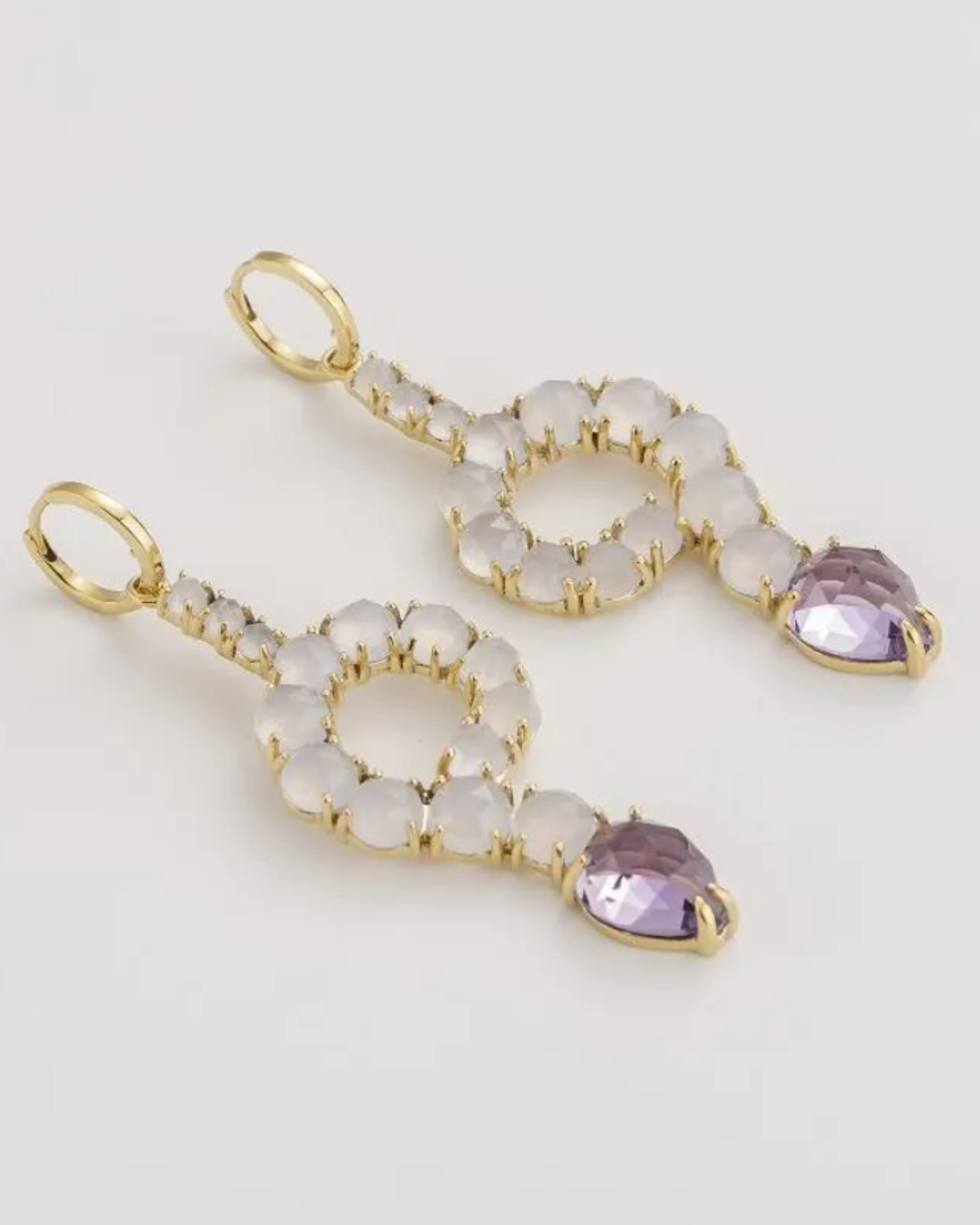 White Chalcedony & Amethyst Gold Plated Hoops