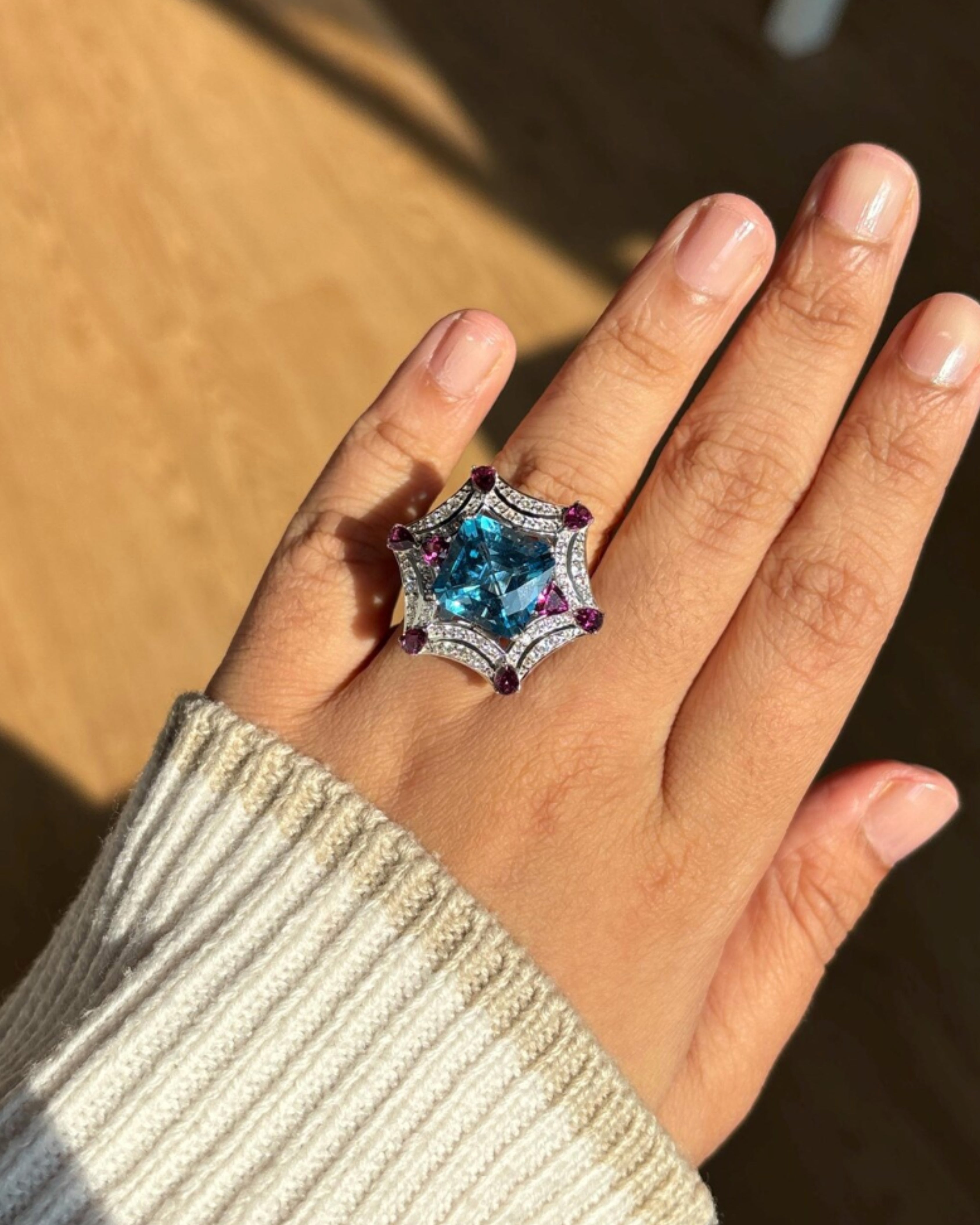 Swiss Blue Topaz & Rhodolite Silver Ring