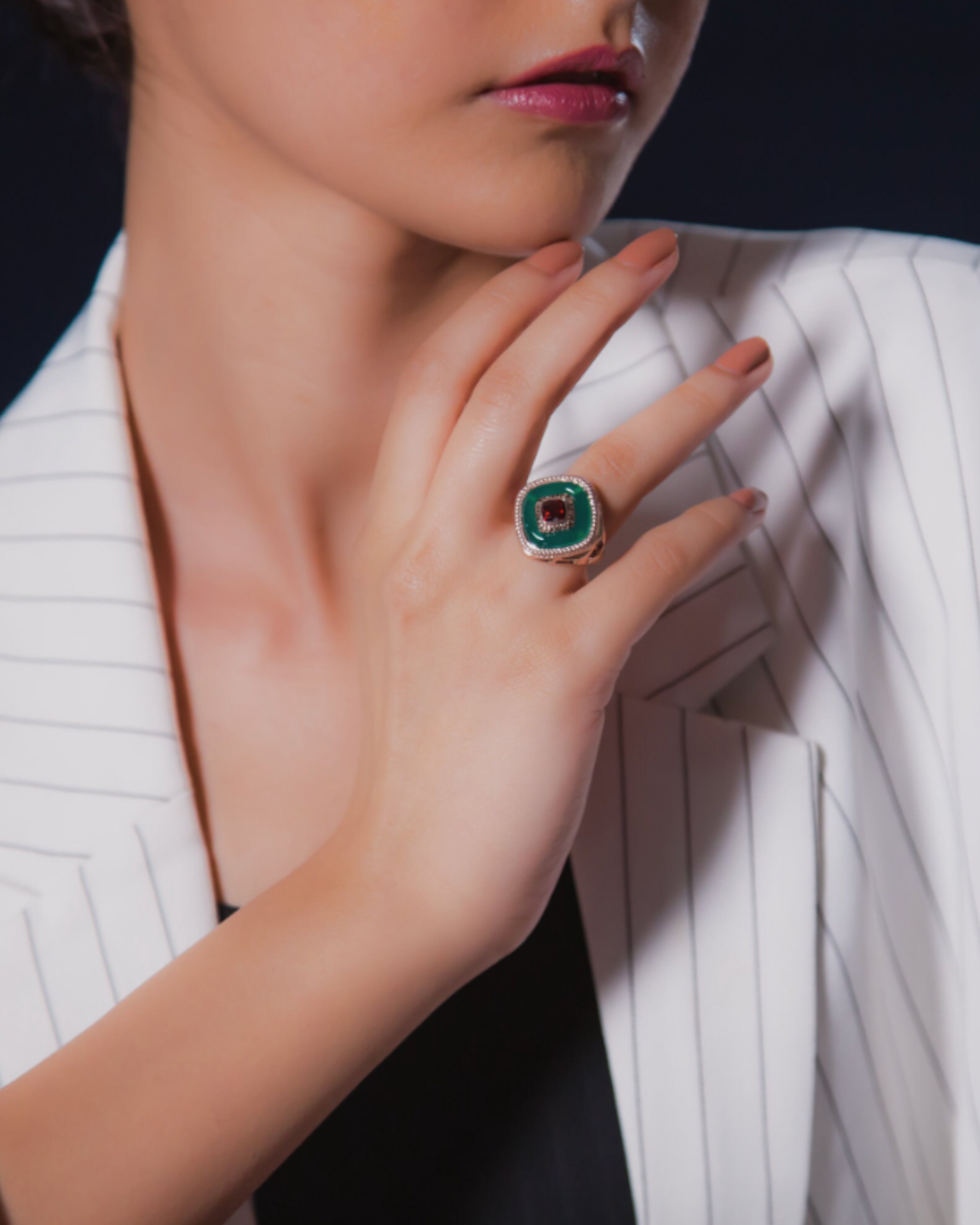 Vintage Green Onyx & Smoky Quartz Ring