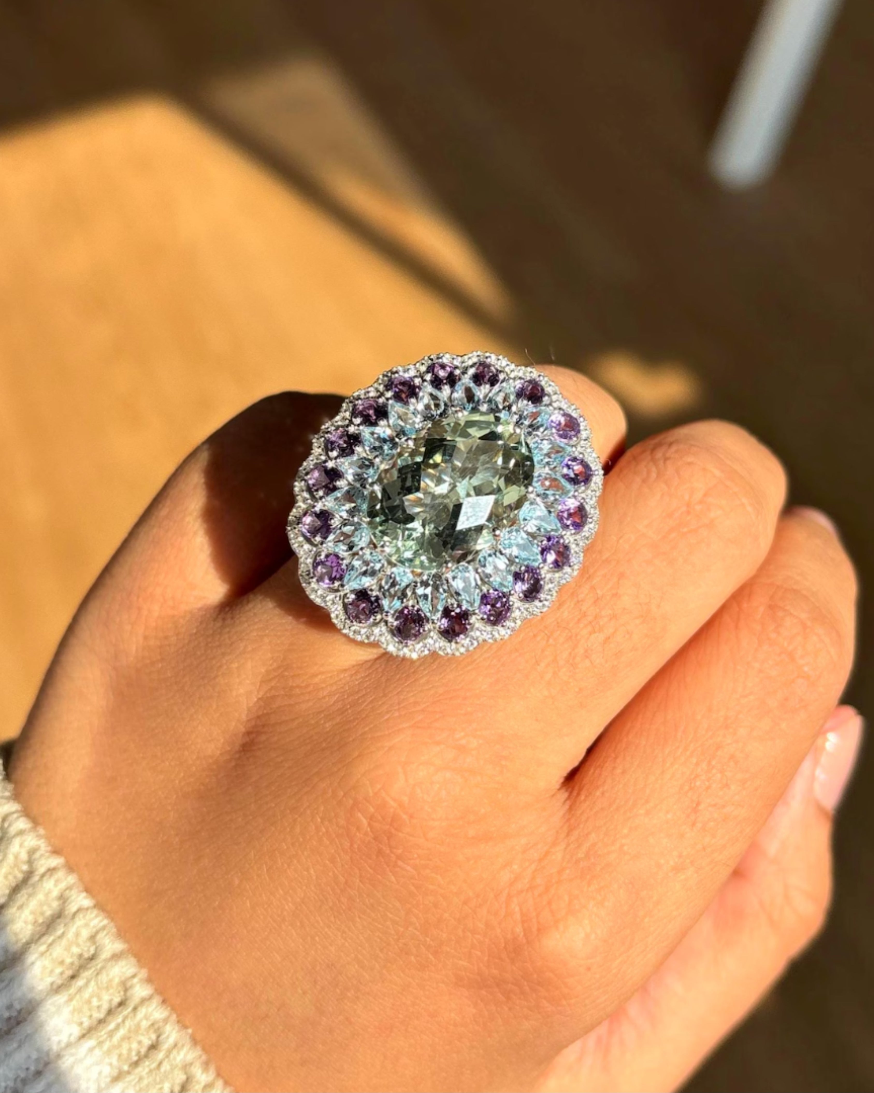 Green Amethyst & Sky Blue Topaz Silver Ring