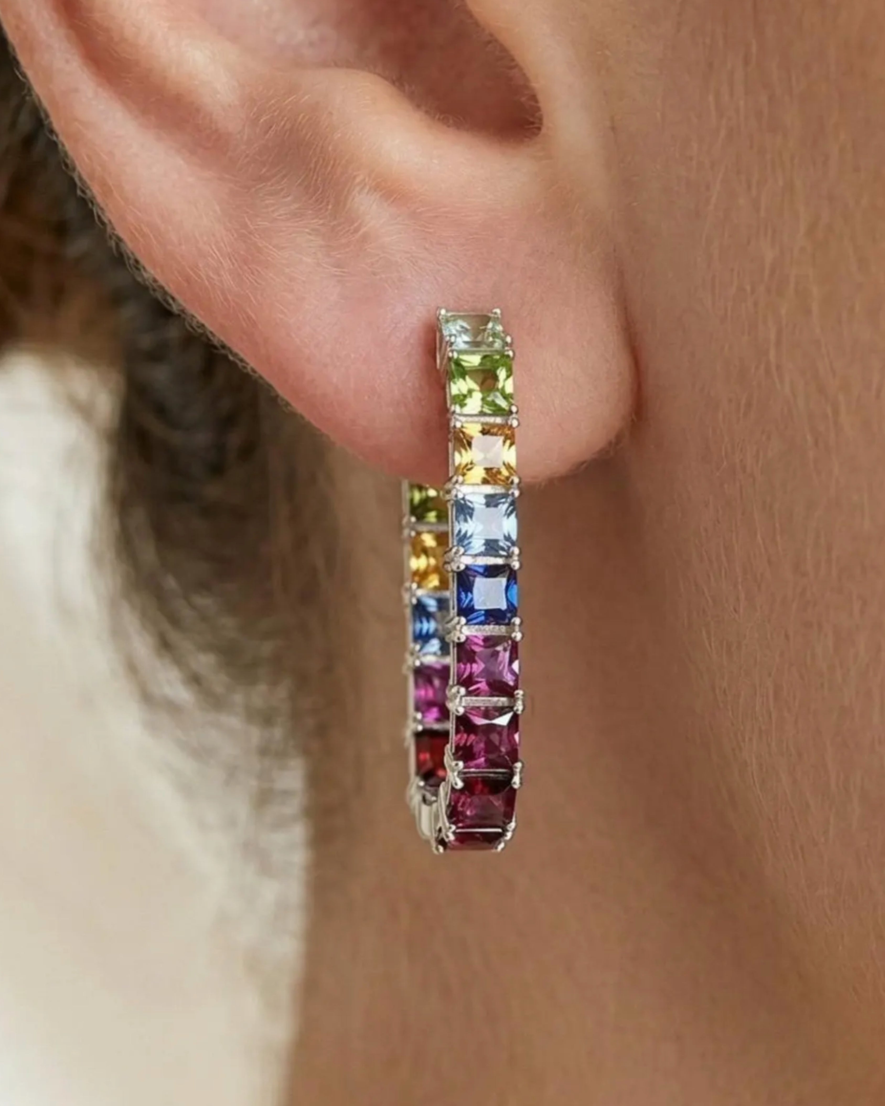 Rainbow Multi-Gemstone Silver Eternity Hoops