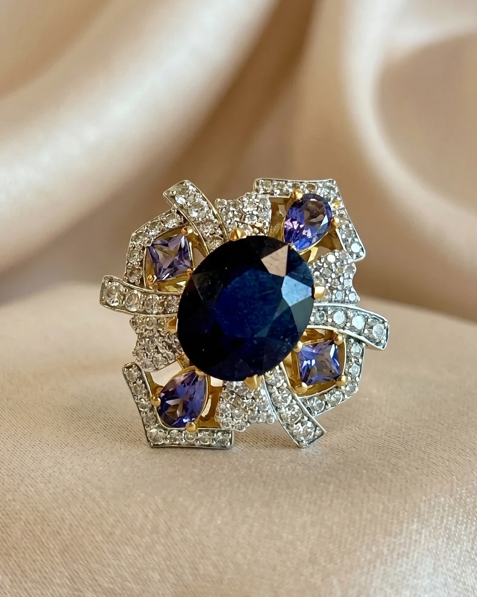 Art Deco Sapphire & Iolite Gold Plated Ring